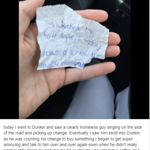 She buys homeless man meal & sits with him. He hands her crumpled note before leaving